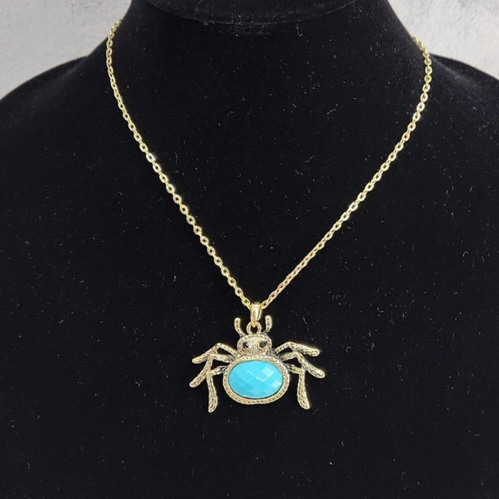 Sparkly Blue Spider Necklace Pendant Gold Tone Halloween Jewelry